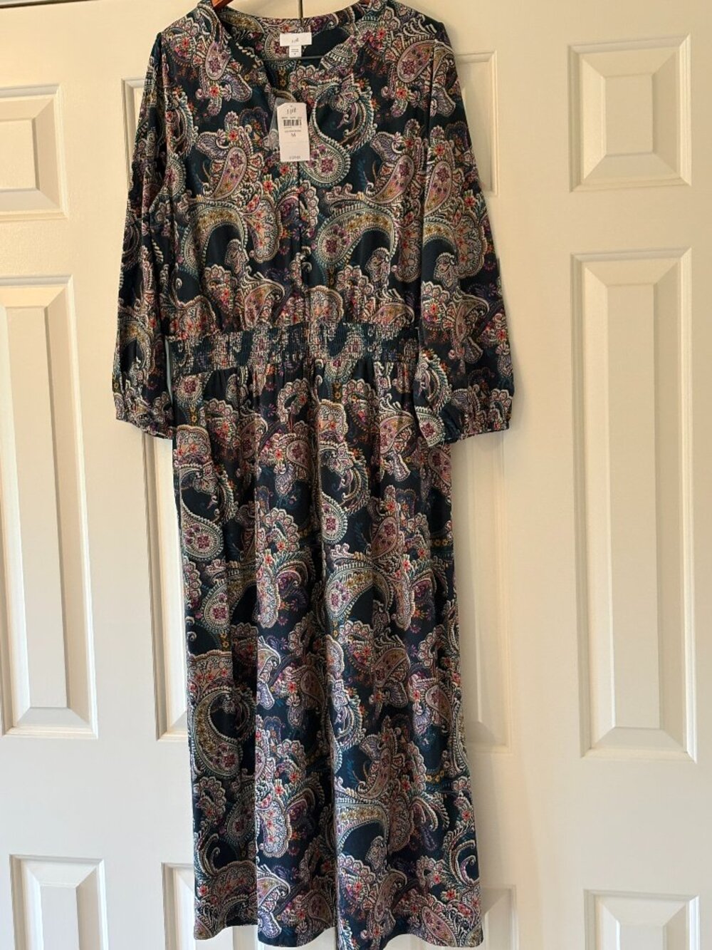 NWT J. Jill Smock Waist Midi Dress Navy Blue Radiant Paisley Sz M